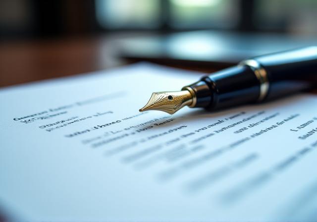 Modern office desk with a signed document