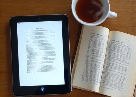 Close up of a modern tablet displaying a manuscript next to an open physical book and a cup of tea