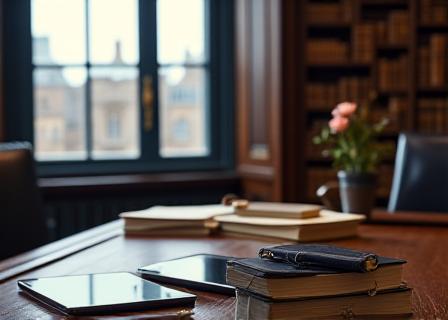 Lawyer reviewing a document with magnifying glass and scales of justice in background
